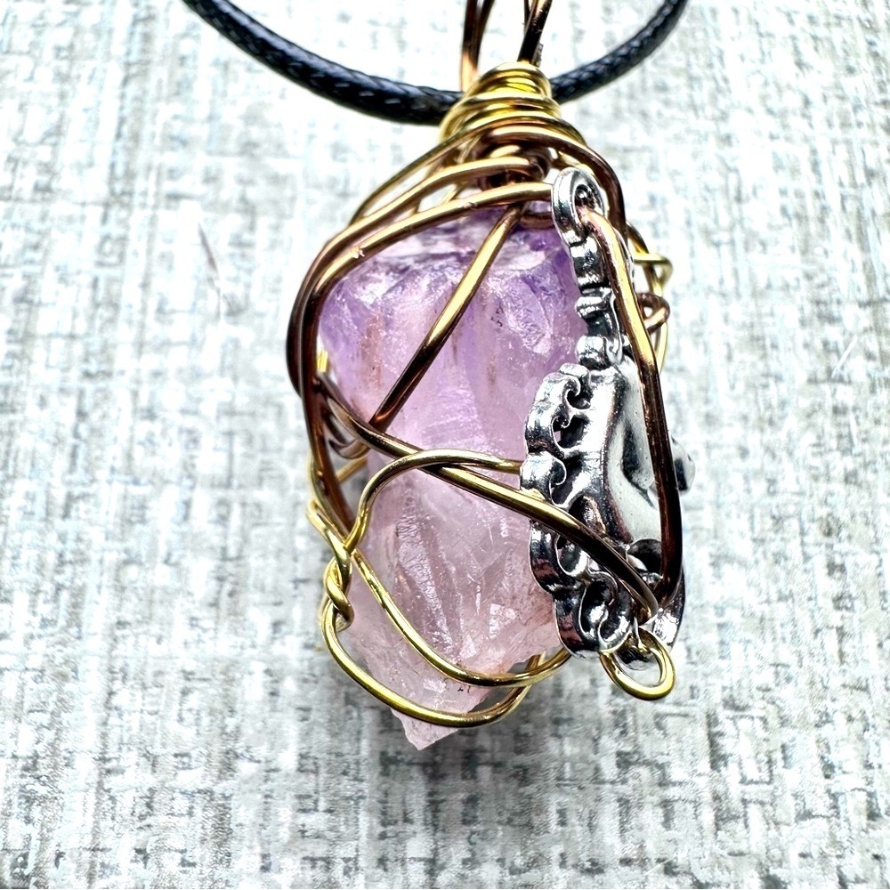 RUBYRUDI Artisan Raw Amethyst Pendant Wire Wrapped Handmade Art To Wear